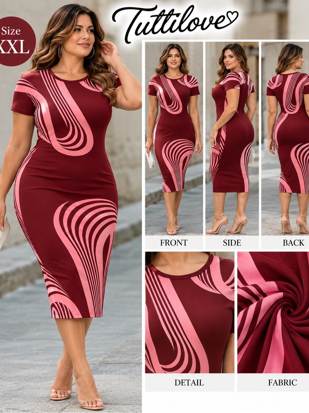 Burgundy & Pink Curve-Print Midi Dress